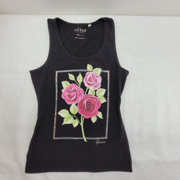 GUESS Tank Top Women's Small Black Roses Graphics Cotton Dark - Picture 1 of 7